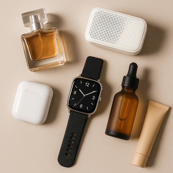 Collection of items including a watch, bottle, and other products on a beige surface